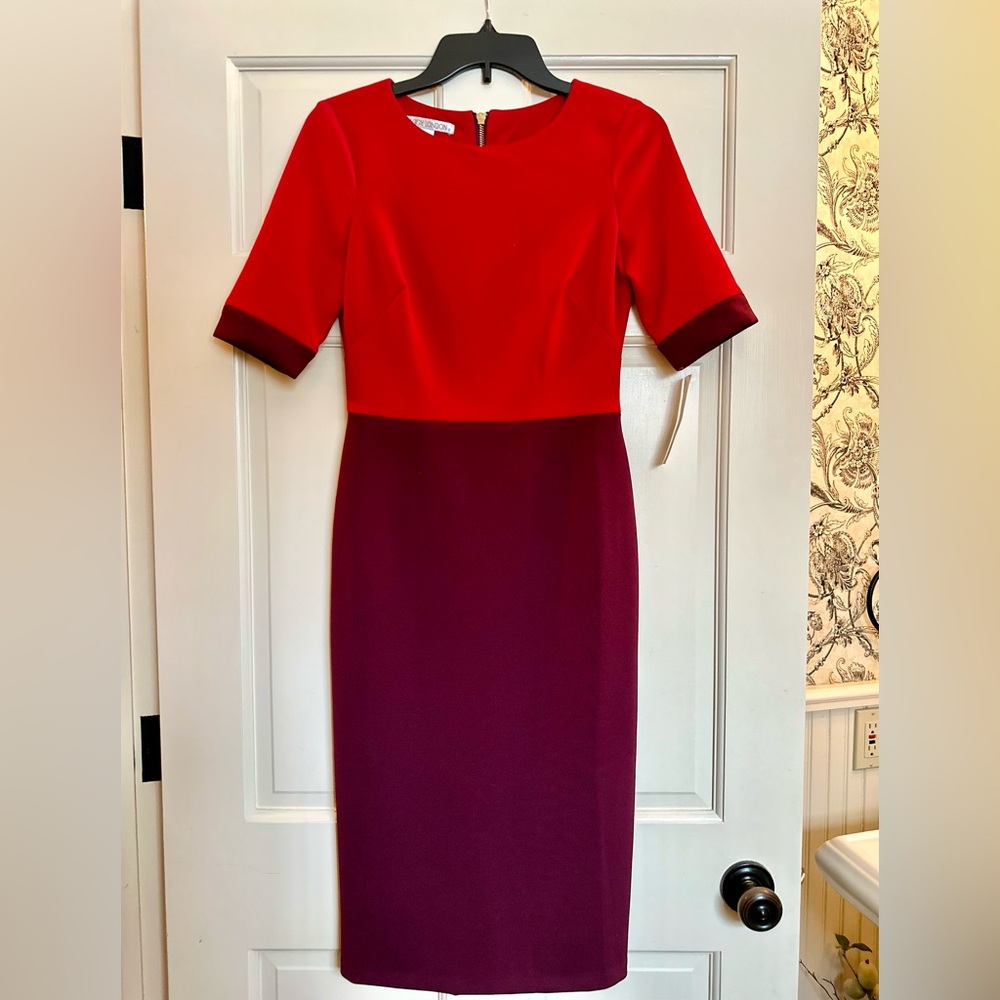NWT MAGGY LONDON COLORBLOCK MIDI SCUBA SHEATH DRESS, SZ 2